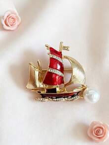 1pc Sculpted Sailing Vessel Brooch, Nautical Motif, Old-World Retro Style, Unisex Coat Pin, Ceremony & Daily Styling, Fall OOTD Jewelry Ornament - Red Sailboat Model a - View 10