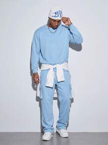 Modcrash Mens 2 Piece Tracksuit Set, Solid Crew Neck Long Sleeve Sweatshirt And Cargo Pocket Drawstring Sweatpants, Casual Streetwear Daily Matching Outfit - Baby Blue - View 1