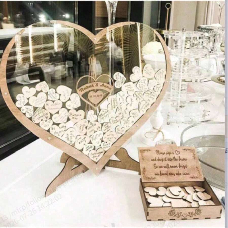 1pc Wooden Heart-Shaped Creative Sign-In Box DIY Guestbook Suitable For Wedding Party - A - View 1
