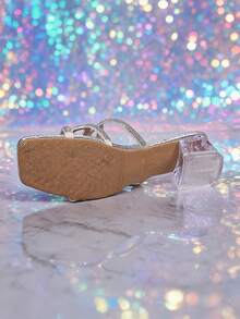 1 Pair Ladies Glossy Silver Mule Heels, Slip On Nightclub Outdoor Walking Shoes - Silver - View 7