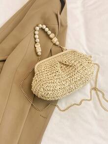 Women's Natural Straw Woven Shell-Shaped Clasp Handbag With Marble Bead Handle And Detachable Chain Shoulder Strap, Suitable For Summer Beach Vacation And Casual Use - White - View 4