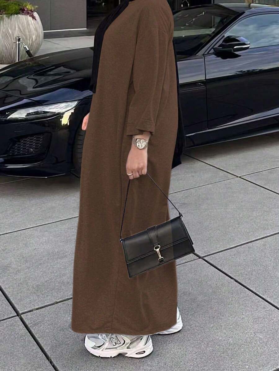 Women's Autumn Brown Knit Long Robe, V-Neck Batwing Sleeve, Long Split Design - Coffee Brown - View 1