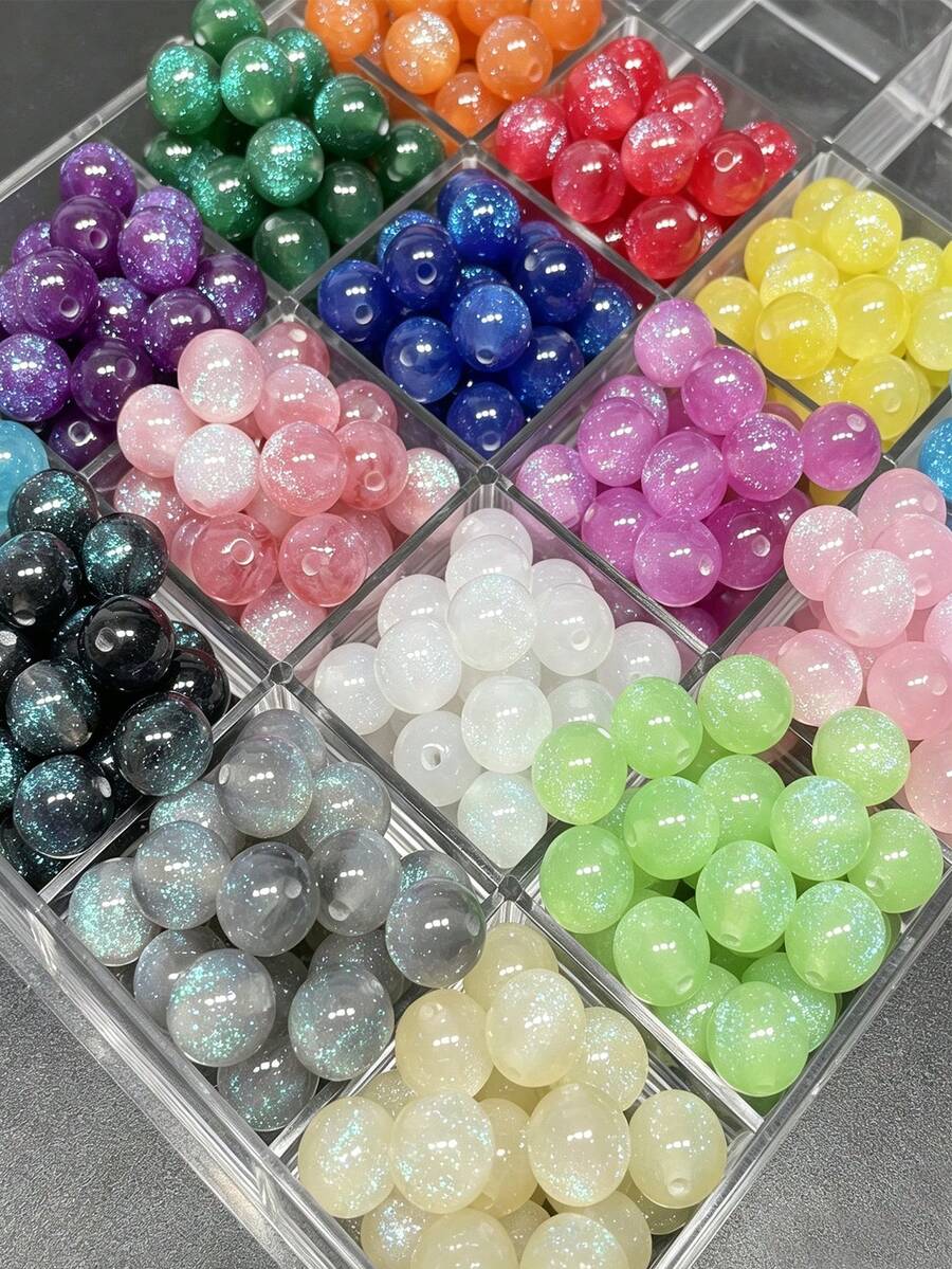 30pcs 8mm Starry Glitter Acrylic Resin Straight Hole Round Beads DIY Beading Handmade Craft Materials Phone Chain Keychain Decorative Beads