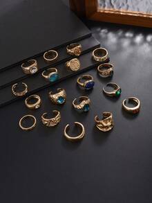 18pcs Vintage Embossed Multicolor Gemstone Ring Set, Heavy Textured Gold Wide Band Rings, Palace Style Unisex Men's Stackable Hand Jewelry - Light Gold - View 6