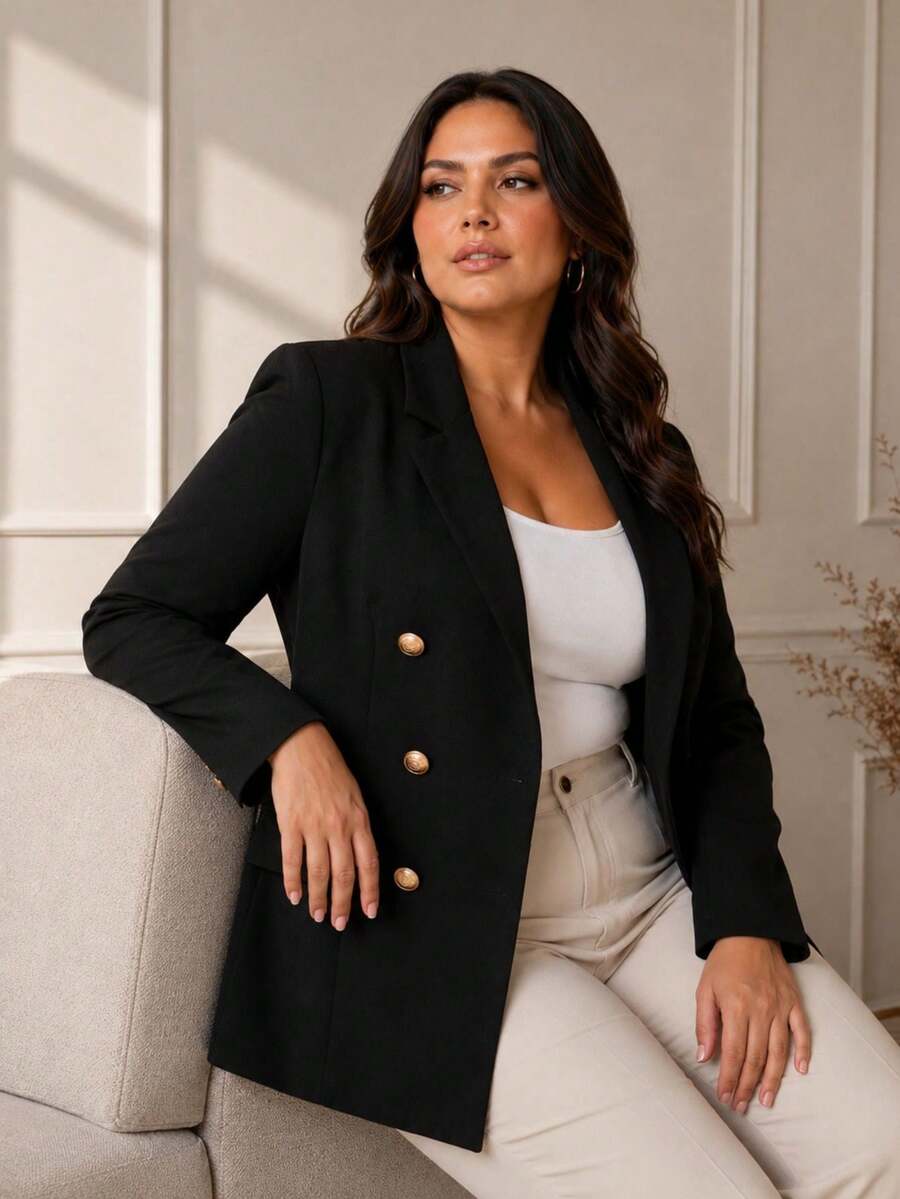 Blazer Feminino Alfaiataria Casaco Social Com Botão Plus Size G1 G2 G3  Confortável e Versátil para Todas as Ocasiões - Preto - Visão 1