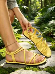 Women's Nude Toe-Loop Cross-Strap Sandals, Elastic Strap Design, Comfortable Soft Sole, Casual Daily Shopping Commute Versatile Flat Shoes, Sizes 36-43 - Yellow - View 2