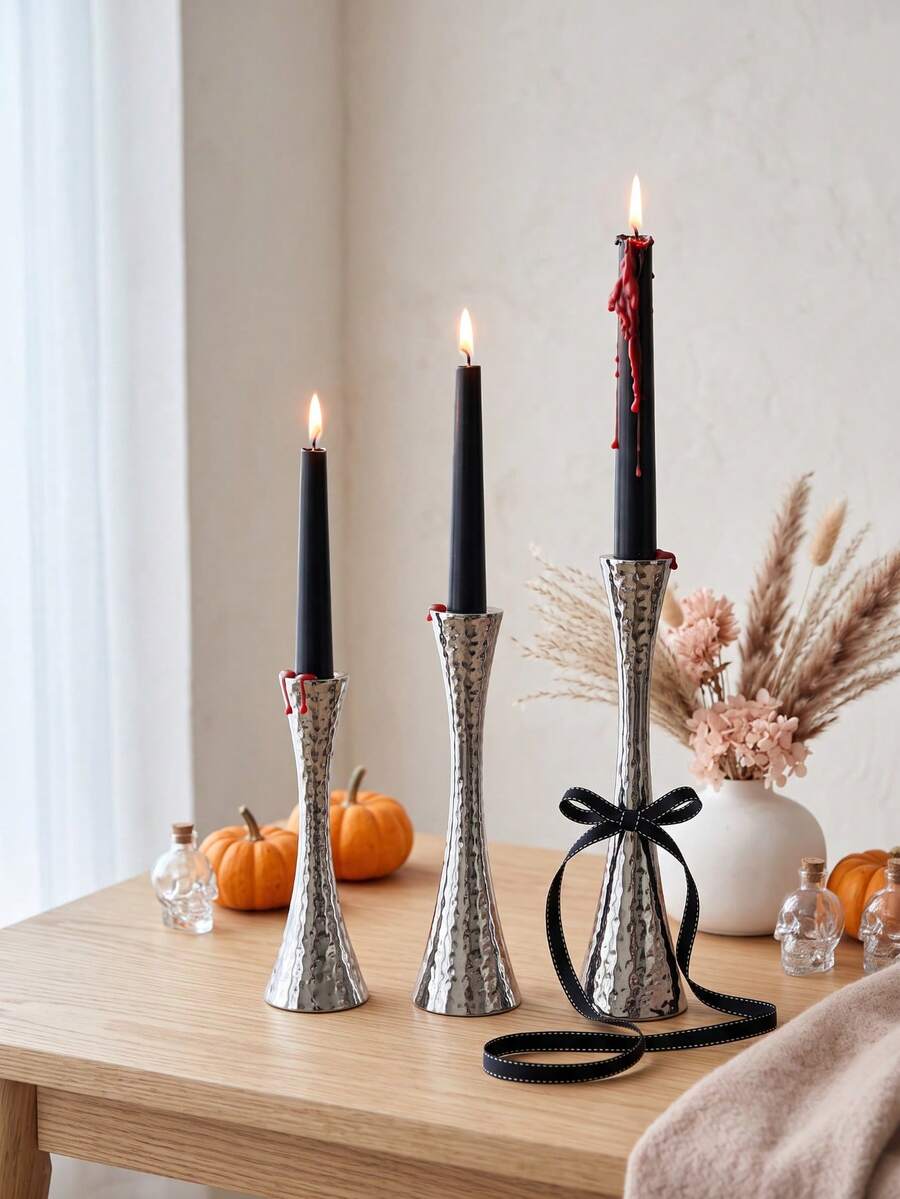 1Pc/Set Hammered Metal Taper Candle Holder Set, Vintage Modern Tall Candlestick Holders, Table Centerpiece Decor For Ramadan, Halloween, Wedding, Party, Home Dining, Valentine Birthday Housewarming Gift. - Simple Classic Style - View 1