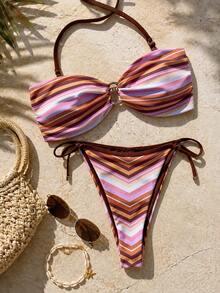 Nouvel ensemble de bikini sans bretelles rayé coloré pour femmes en été, maillot de bain à col licou haute élasticité pour la plage, les vacances et les fêtes - Multicolore - Voir 3