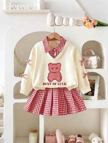 Baby Girl Bear Print 2 In 1 Long Sleeve Top And Plaid Skirt - Apricot - View 1