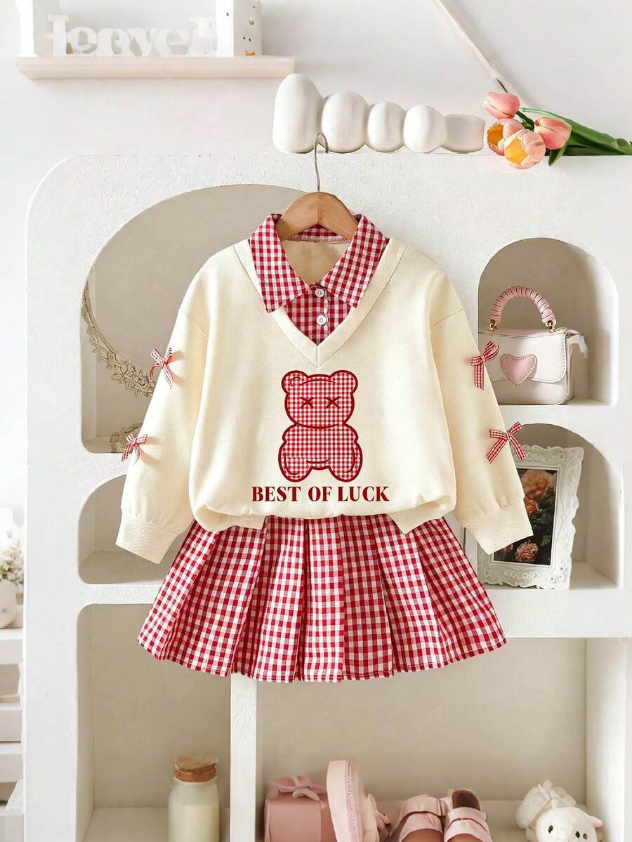 Baby Girl Bear Print 2 In 1 Long Sleeve Top And Plaid Skirt - Apricot - View 1