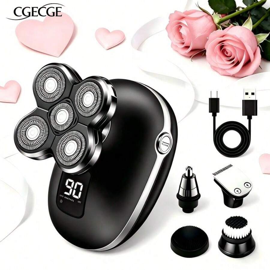 CGECGE Electric Shaver, Electric Bald Head Shaver, Rotary Shaver, IPX6 Waterproof, Wet And Dry Use, Easy To Clean, Contour To The Face, Floating Head, Screen Display, Type-C Charging, Underarm, Leg, Arm, Body Hair Removal Tool, Holiday Gift. - 黑色套裝 - 查看 1