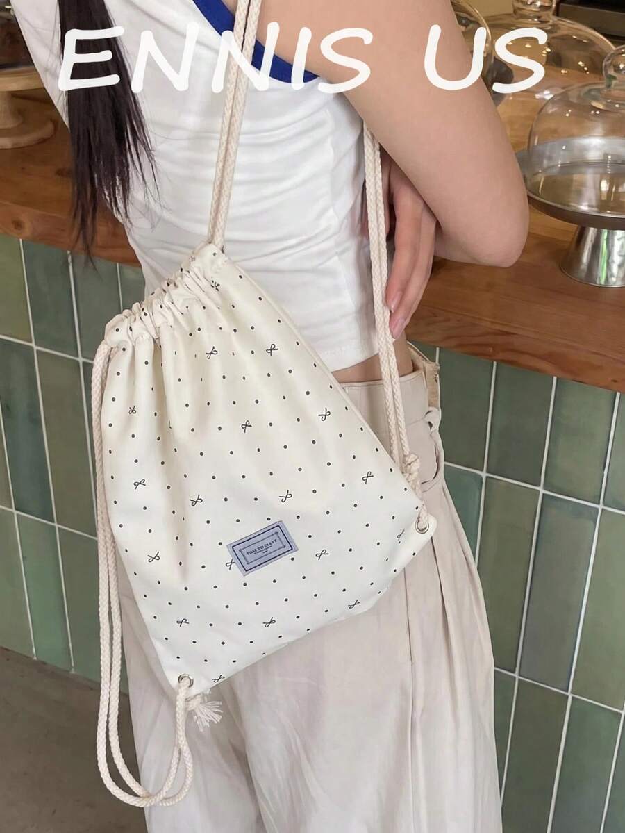 可愛蝴蝶結波點抽繩加厚背包,輕便休閒抽繩包附內袋,適合日常通勤、運動、海灘與旅行,開學季女款時尚可愛背包 - 米色 - 查看 1