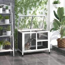 PawHut Indoor Rabbit Hutch With Wheels, Desk And Side Table Sized, Wood Rabbit Cage, Waterproof Small Rabbit Cage, Gray - Grey - View 9