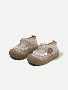 Girls' Floral Mary Jane Casual Shoes, Toddler Lace Flower Decor Hook And Loop Breathable Non-Slip Soft Sole Canvas Sneakers (Size Reference Insole, Unit: Cm) - Khaki - View 2
