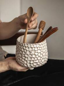1pc Vintage Pebble Texture Three-Legged Ceramic Storage Basin, Multi-Functional Kitchen Utensil Holder, Spoon Fork Chopstick Storage Can, Desktop Pen Holder, Makeup Brush Storage Bucket, Succulent Plant Pot, Vintage Decorative Vase - Multicolor - View 3