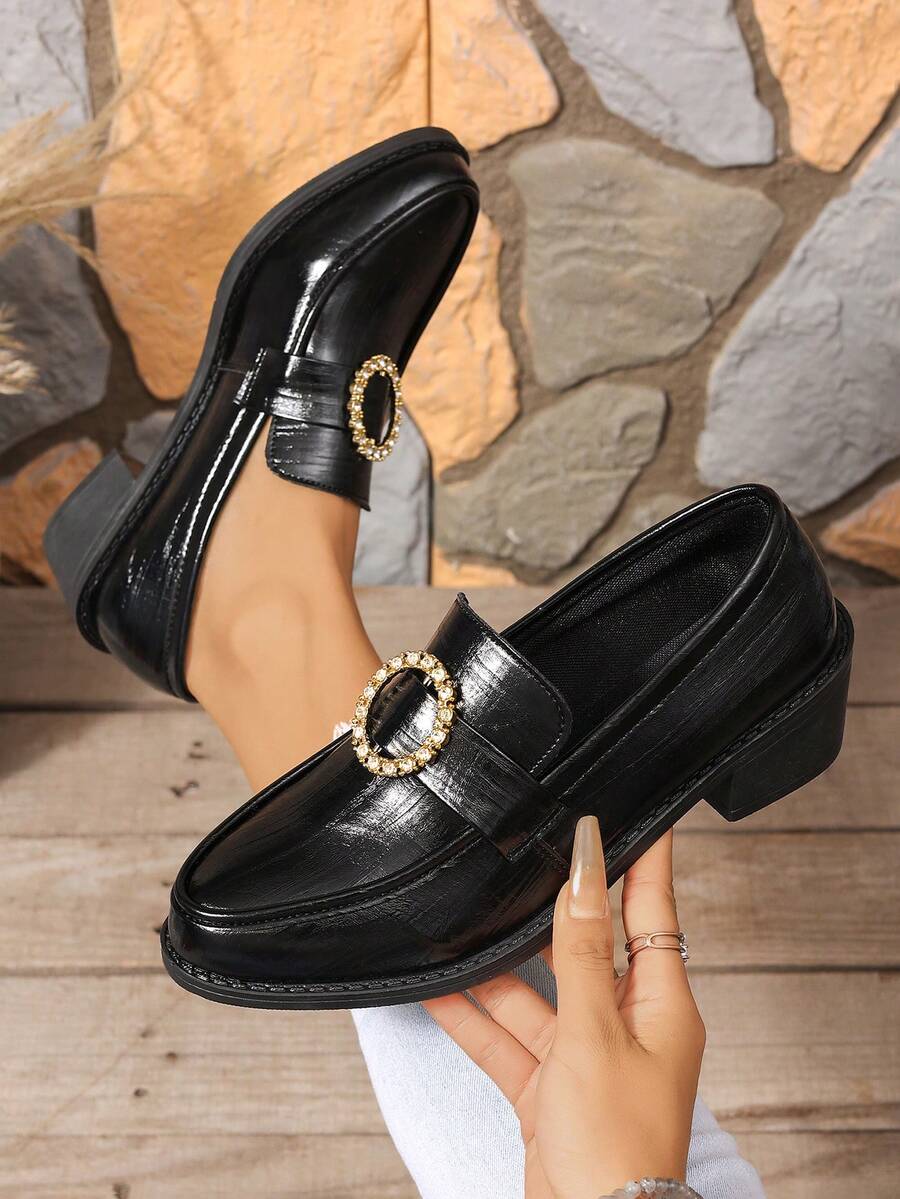 Women's Solid Color Preppy College Commute Pure Metal Chunky Heel Slip-On Loafers Office Shoes - Black - View 1