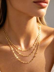 Fashion 3-Layer Women's Necklace, Delicate Thin Shiny Oval Chain Stackable Layered Necklace, Minimalist Stainless Steel Multi-Layer Neck Jewelry, Daily Party Gift - Yellow Gold - View 1