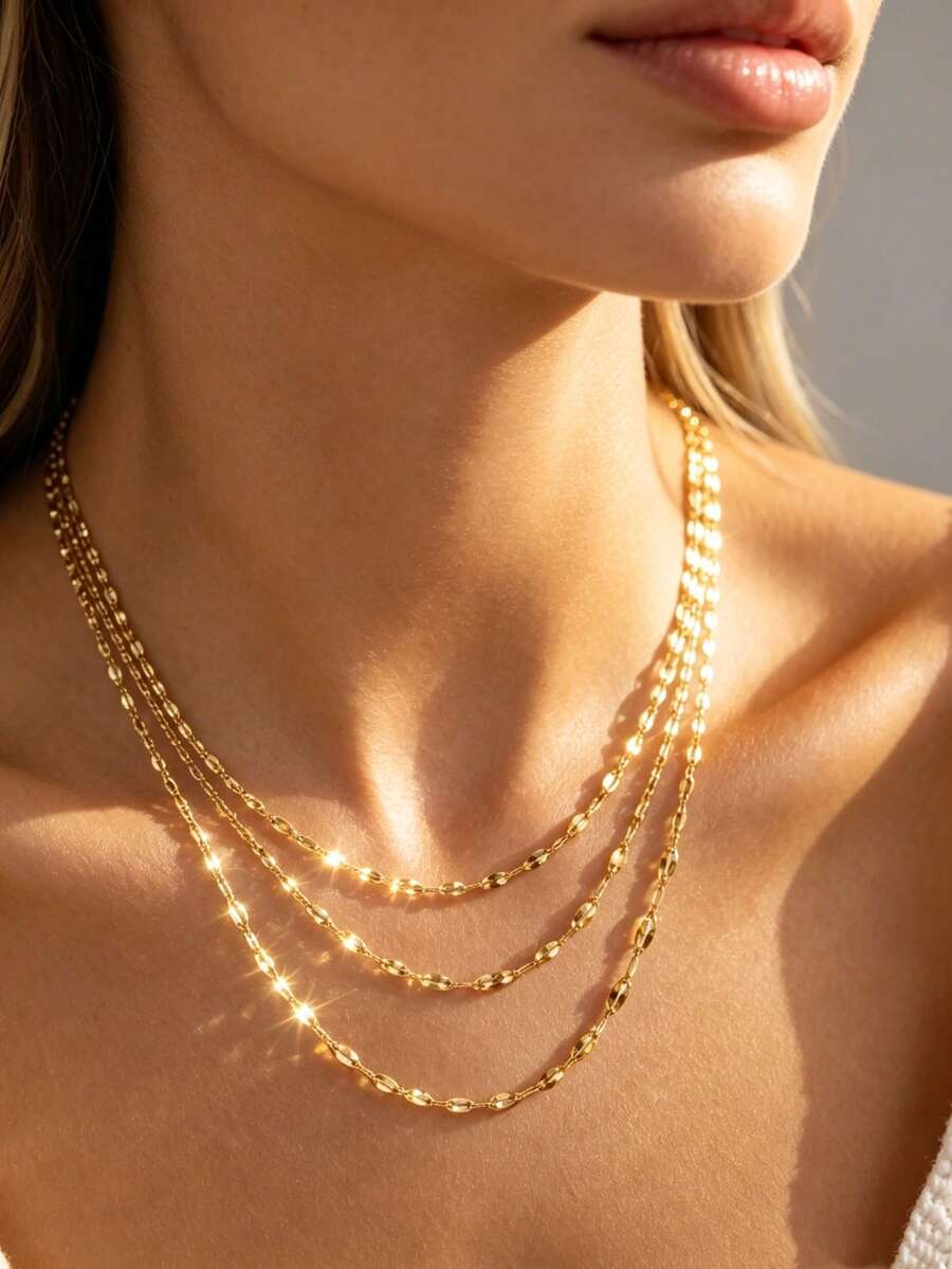 Fashion 3-Layer Women's Necklace, Delicate Thin Shiny Oval Chain Stackable Layered Necklace, Minimalist Stainless Steel Multi-Layer Neck Jewelry, Daily Party Gift - Yellow Gold - View 1