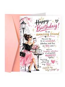 1pc Birthday Card With Envelope - "Happy Birthday To An Amazing Friend" Chic Fashion Illustration Greeting For Female Bestie, Birthday Celebration Gift, Blank Inside - View 13