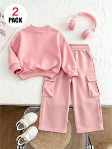 2pcs Set For Young Girls, With Ice Cream Cone Pattern Crew Neck Long Sleeve Sweatshirt + Cargo Pants, Soft Fabric Casual Clothings, For Autumn&Wint Wear - Pink - View 4