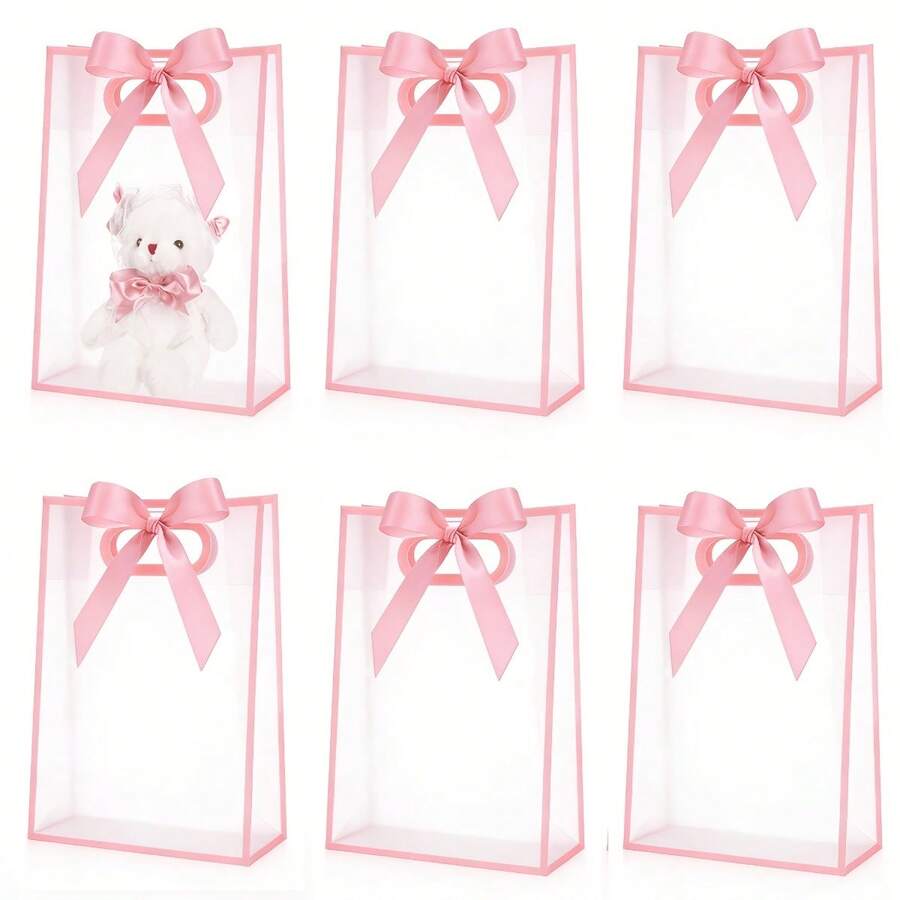 6pcs Transparent PVC Gift Bags With Bow Decoration, Clear Party Favor Bags With Handles, Suitable For Summer Weddings, Bridal Showers And Birthday Parties, As Cute Packaging Bags