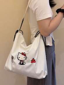 SANRIO Tas Tote Bordir Hello Kitty, Tas Bahu Wanita Kapasitas Besar, Ringan, Gaya Jepang yang Lucu, Tas Tangan Harian Cocok untuk Belanja Santai dan Perjalanan Singkat - MultiWarna - View 5