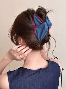 1pc Vintage Denim Contrast Red Edge Triangle Hair Claw, Fashionable Elegant Updo Minimalist Daily Hair Accessory - Denim Blue - View 8