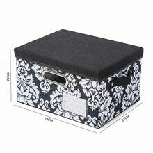 1pc European Style Printed Linen Storage Box With Lid, Foldable Multi-Size Wardrobe Organizer, Suitable For Clothing, Home Decor Container, Storage Room Organization And Daily Clutter Storage - Black and White - View 7