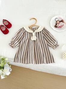 Miniweenns 1pc Baby Girls College Style Ruffle Bow Vertical Stripe Vintage Princess Long Sleeve Dress, Spring/Autumn Back To School Season - Khaki - View 3