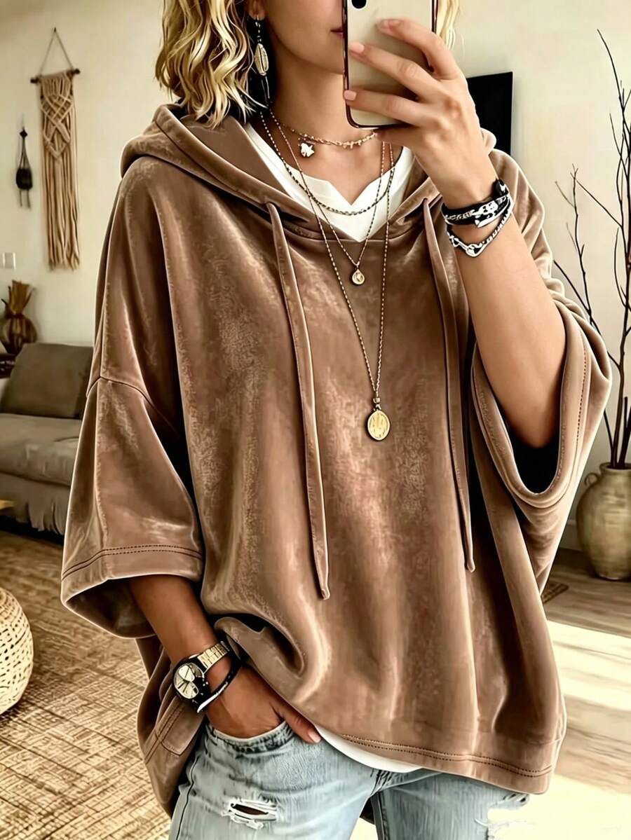 1pc Solid Color Polyester Drawstring Button Women's Sweatshirt, Suitable For Daily, Office, Street Wear In Autumn/Winter - Coffee Brown - View 1