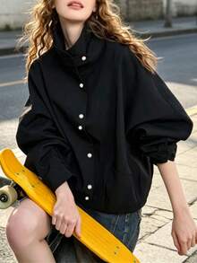 European And American Popular Fashion Casual Personalized Commute Loose Versatile Solid Color Pocket Front Button Stand Collar Batwing Sleeve Short Jacket Coat Suitable For Daily, College, Home Wear In Spring And Autumn - Black - View 7