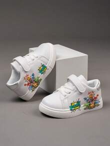 1 Pair Cheap And Fashionable Shoes, Casual Sports Children's Shoes, Durable Basketball Shoes, Suitable For Daily Wear And Outdoor Activities, Christmas Gift, Outdoor Play Shoes, Fun Design Shoes, Cartoon Print Shoes, Breathable Fabric Shoes, Flexible Sole Shoes, Children's Sports Shoes, Sports Shoes, Holiday Gift, 2D Flat - White - View 2