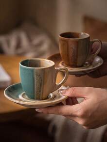 DearDali 1 Set Handmade Kiln-Fired Glazed Ceramic Cup And Saucer, 90ml, Vintage Vertical Textured Design, Microwave , Afternoon Tea Coffee Cup, Suitable For Espresso And Tea, Birthday Gift For Friends, Holiday Gift - Multicolor - View 2