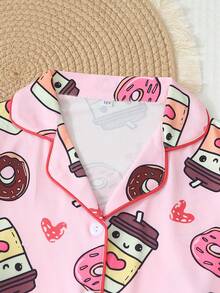 Tween Girls Pajama Set,Button‑Down Long Sleeve Tops & Long Pants,Cute Donut & Milk Tea Cup Print Sleepwear, Soft Loungewear Autumn Winter Home Outfit - Pink - View 3