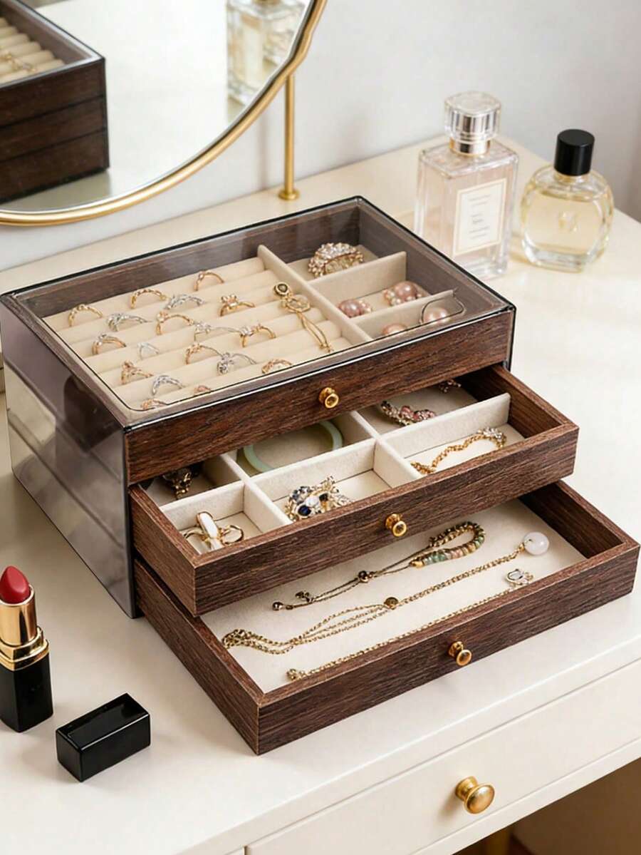 1pc 3-Tier Vintage Walnut Wood Jewelry Box, Drawer Style Jewelry Organizer Box For Rings, Earrings, Necklaces, Bracelets, Elegant Transparent Plastic & Velvet Drawers Jewelry Storage Box - Multicolor - View 1