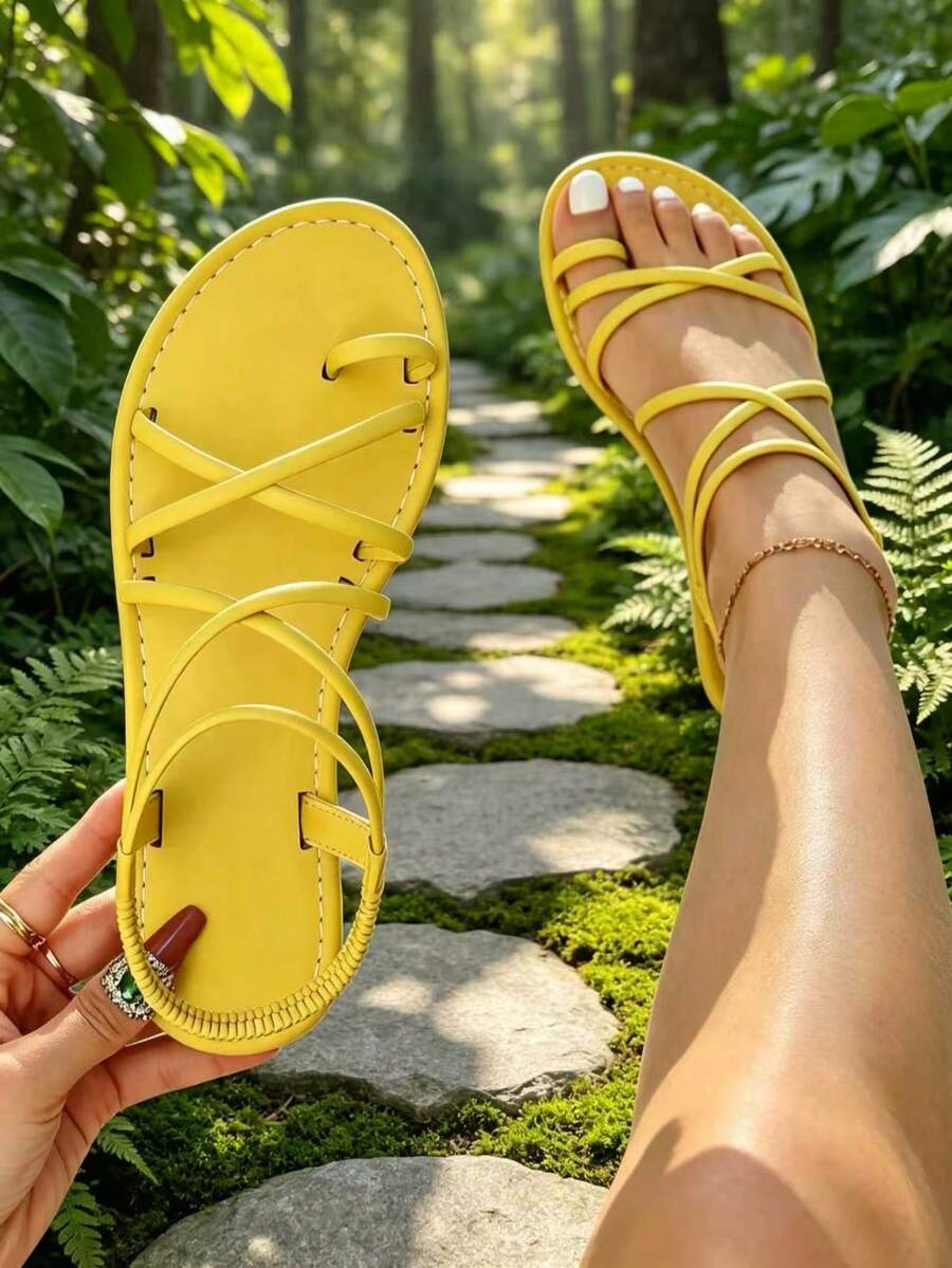 Women's Nude Toe-Loop Cross-Strap Sandals, Elastic Strap Design, Comfortable Soft Sole, Casual Daily Shopping Commute Versatile Flat Shoes, Sizes 36-43 - Yellow - View 1