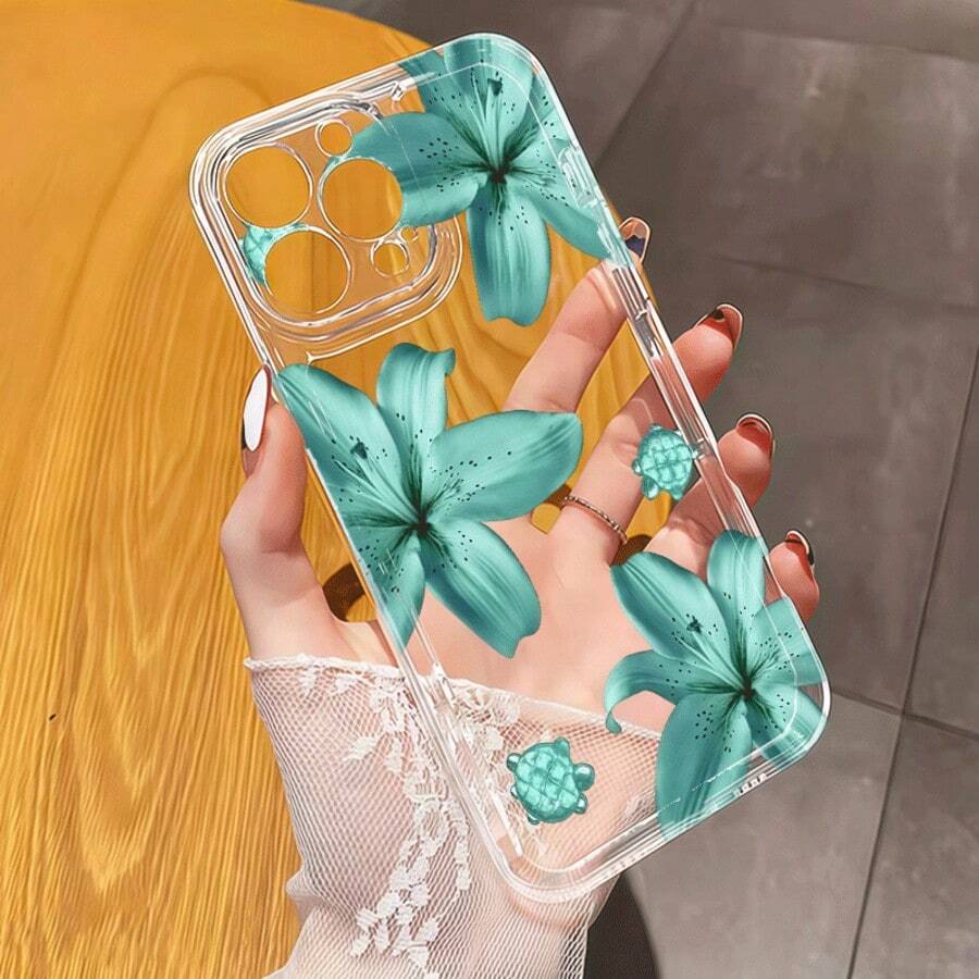 1件 Ins 風格清新木槿花與葉片純色圖案防滑軟手機殼，適用於 iPhone 11/12/13/14/15/16 Pro Max - 彩色 - 查看 1