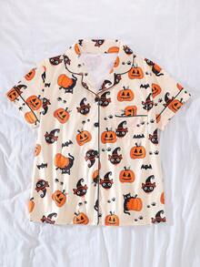 2-Piece Halloween Women's Pajama Set, Pumpkin & Ghost Cat Print, Short Sleeve Cardigan & Long Pants Set, All Season, Home Wear, Comfortable & Loose - Apricot - View 4