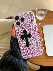 1pc Pink Leopard Print Leather Texture Black & White Cross Pattern Silver Border Dual-Tone Glossy Soft Shell Full Coverage Shockproof Large Window Lens Protection No Lanyard Phone Case Compatible With All Apple Models Sweet Cool Y2K Millennium Ins Style - Silver - View 5