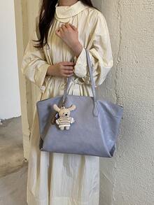女款軟皮革托特包，純色大容量休閒單肩包，適合日常通勤與旅行（不含吊飾） - 藍色 - 查看 5