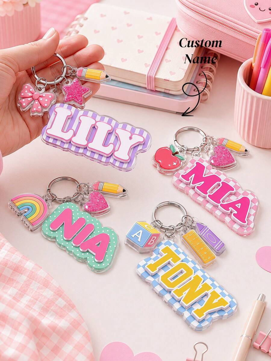 Personalized Name Keychain With Pendant, Cute Backpack Charm, Lunch Box Label, Water Bottle Name Tag, Back To School Label, Bag Jewelry - Multicolor - View 1