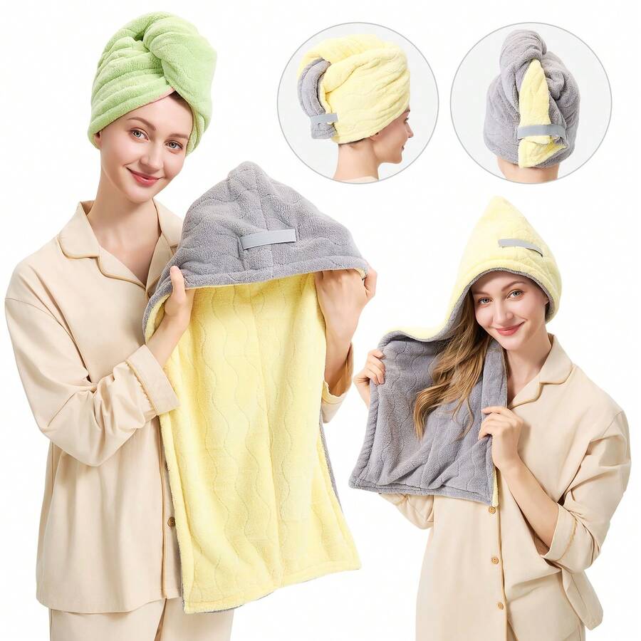 女性用二層二色コーラルベルベットドライヘアキャップ 50x80cm 超吸水速乾ヘアタオル 旅行・家庭用 厚手ドライヘアキャップ - ブルー&ピンク - チェックする 1