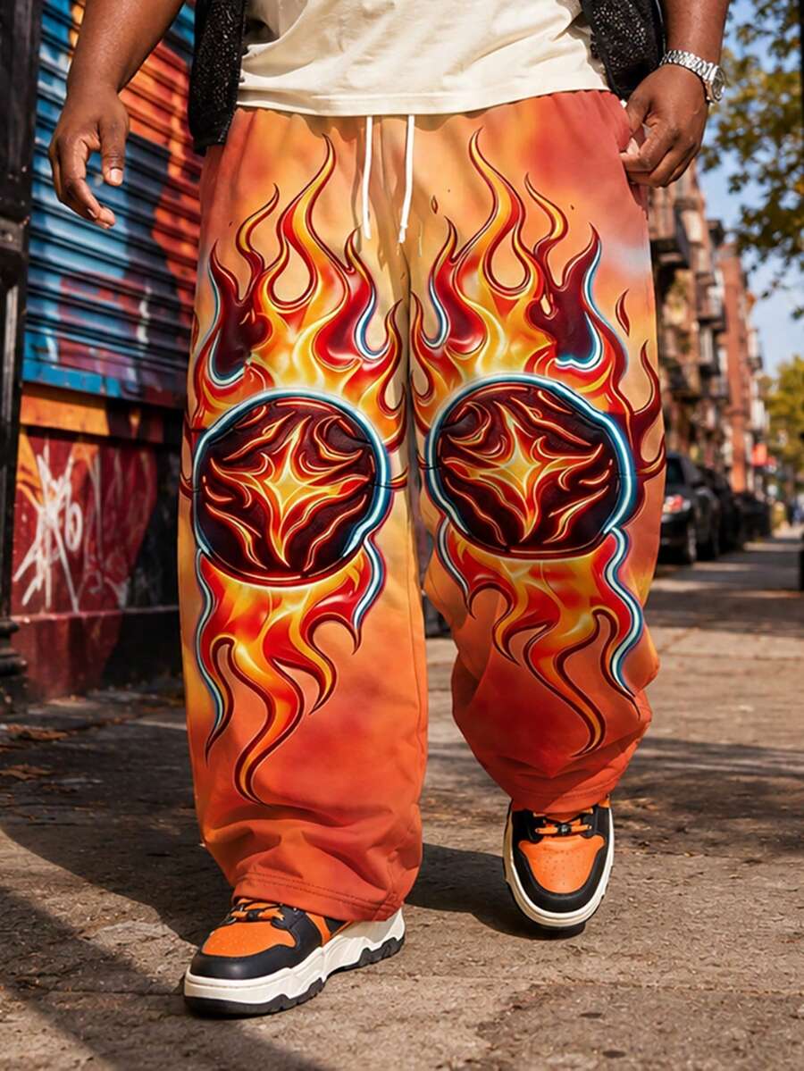 Plus Size Men's Flame Print Casual Wide Leg Pants, Drawstring Elastic Waist, Loose Drape Fit, Suitable For Plus Size Body, Commute / Street / Travel Multi-Scenario - Orange - View 1