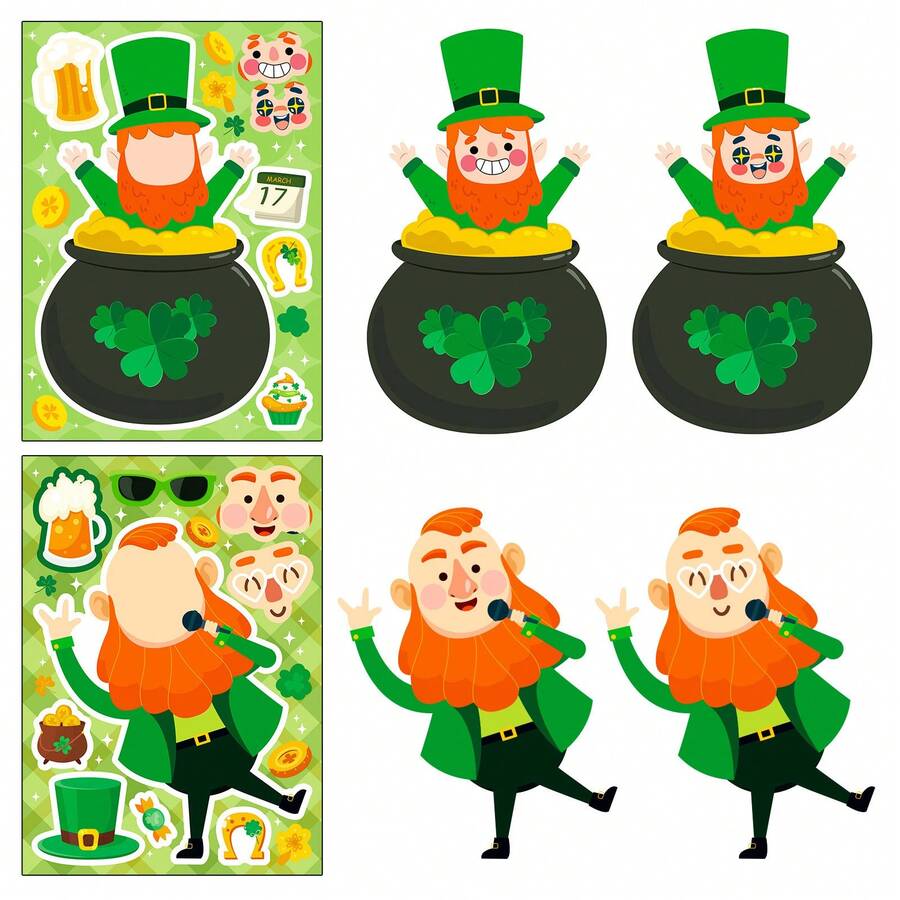 6pcs Set Funny St. Patrick's Day Elf DIY Face Stickers, Shamrock Irish Leprechaun Expression Collage Stickers, Holiday Craft Gift, Suitable For Boys And Girls, Quiet Book Craft Materials - Multicolor - View 1