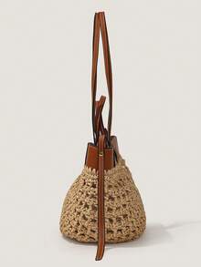 1pc Woven Patchwork Tote Bag, Raffia Straw & PU Leather Contrast Design, Handmade Summer Beach Bag Suitable For Vacation, Commute, Daily Use, Can Hold Phone, Wallet, Keys, Cosmetics, Umbrella, Suitable As Birthday Gift, Holiday Gift, Bestie Gift, Travel Companion - Brown - View 7
