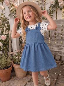 2pcs/Set Girls Toddler Casual Comfortable Cute Breathable Skin-Friendly French Style Puff Sleeve Round Neck Polka Dot T-Shirt With Bow Pleated Shoulder Strap Vintage Denim Overall Dress Outfit - Multicolor - View 7