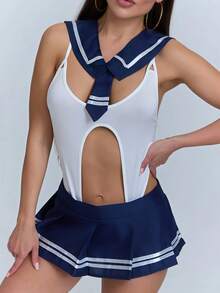 2件組水手JK舞台Cosplay服裝套裝，露背連身短裙制服套裝，大學派對裝扮服飾 - 藍白色 - 查看 1