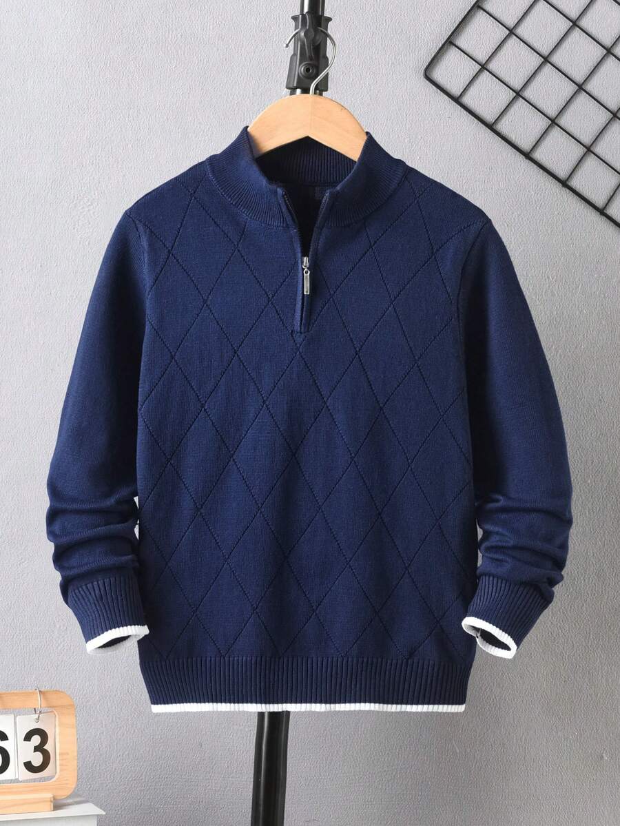 Boys' Semi-High Neck Half-Zip Long Sleeve Knitted Sweater, Argyle Pattern With Contrast Stripes, Preppy Casual Versatile Pullover, Suitable For Campus Daily Wear In Spring, Autumn And Winter - Navy Blue - View 1
