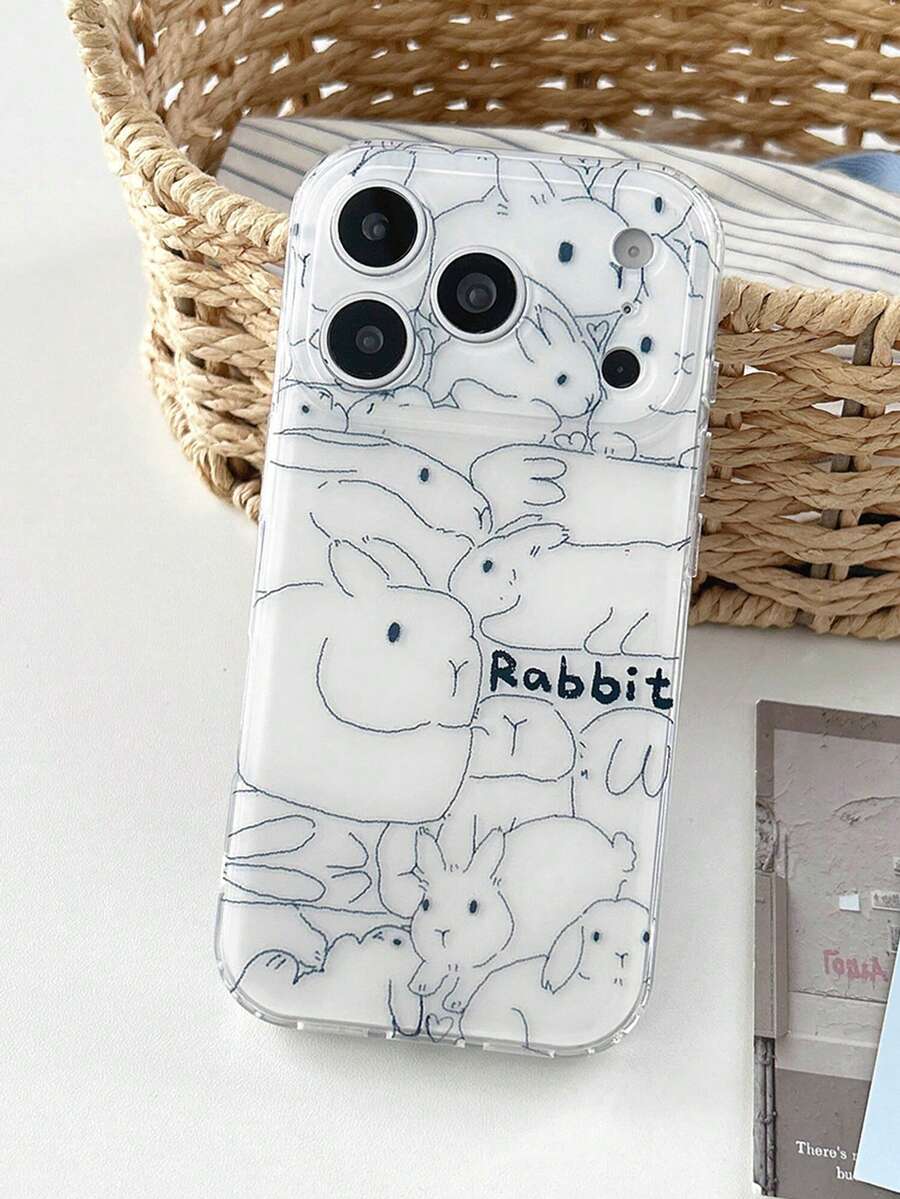 Ins Korean Style Simple Line Drawing Rabbit Phone Case Compatible With IPhone 17 Pro Max/17 Pro/17 Air/17/16 Pro Max/16 Pro/ 15 Pro/15 New 14 Pro/13/12/11 Full Coverage Protective Cover - White - View 1