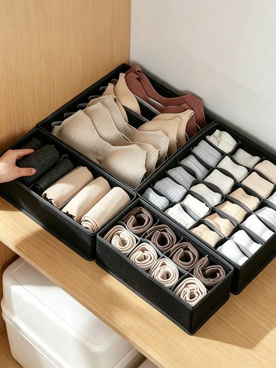 1/3pcs Drawer Organizer Dividers, Foldable Closet Storage Box, Fabric Storage Bin, Suitable For Clothes, Underwear, Bras, Ties, Socks, Accessories, Wardrobe Storage Basket, Storage Box, Suitable For Wardrobe, Closet, Bedroom, Vanity Drawer, Home Storage - Black - View 1